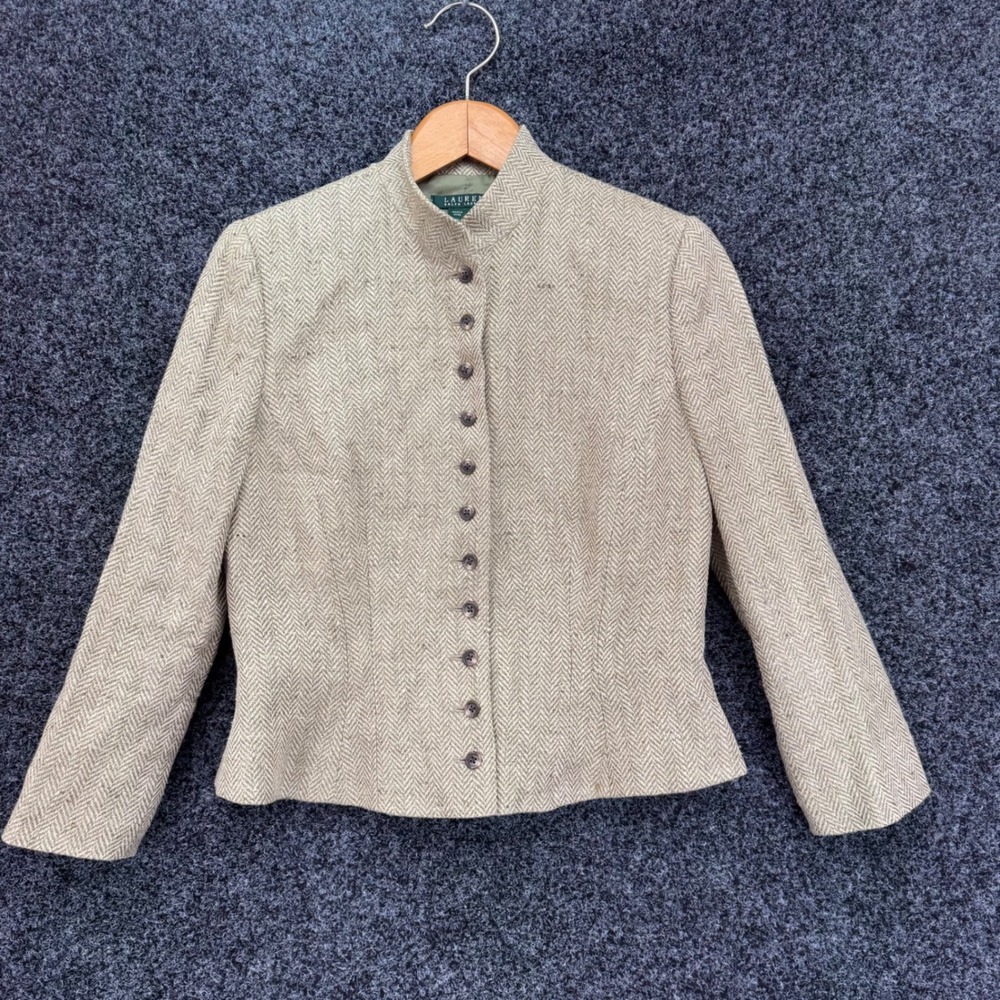 Lauren Ralph Lauren Silk Linen Herringbone Mandarin Collar Jacket Tan Size 6